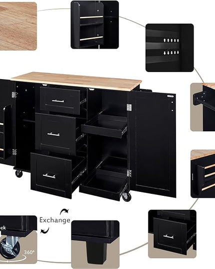 Mobile Island, Spice Tower, Rolling Kitchen Cart on Wheels w/Rubber Wood Top, 3 Drawer, 2 Slide-Out Shelf and Internal Storage Rack, Black, 50 Inch - LeafyLoom