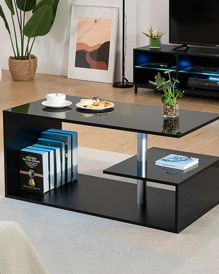 HOMMPA LED Coffee Tables for Living Room Modern Coffee Table with S-Shaped 3 Tiers Open Storage Shelf High Gloss Black Center Sofa Tea Table with LED Lights for Home Office Furniture - LeafyLoom