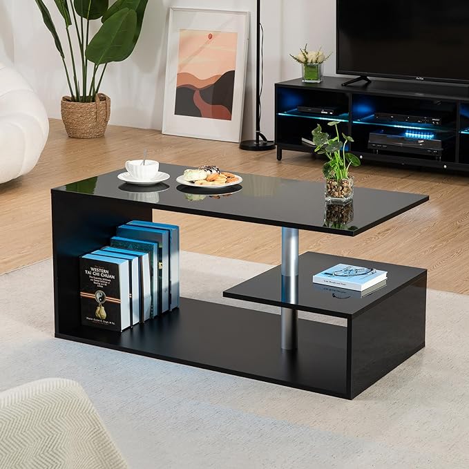 HOMMPA LED Coffee Tables for Living Room Modern Coffee Table with S-Shaped 3 Tiers Open Storage Shelf High Gloss Black Center Sofa Tea Table with LED Lights for Home Office Furniture - LeafyLoom