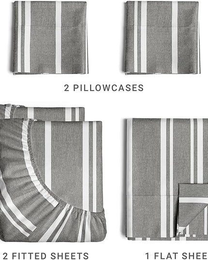 Split King Size 5 Piece Sheet Set - Comfy Breathable & Cooling Sheets - Hotel Luxury Bed Sheets for Women & Men - Deep Pockets, Easy-Fit, Soft & Wrinkle Free Sheets - Grey Stripes Oeko-Tex Bed Sheets - LeafyLoom