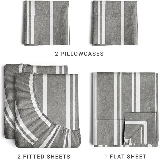 Split King Size 5 Piece Sheet Set - Comfy Breathable & Cooling Sheets - Hotel Luxury Bed Sheets for Women & Men - Deep Pockets, Easy-Fit, Soft & Wrinkle Free Sheets - Grey Stripes Oeko-Tex Bed Sheets - LeafyLoom