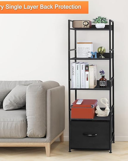 5 Tier Bookshelf with Storage, Bookcase with Drawers, Storage Shelves for Living Room / Home Office, Wood Shelves & Metal Shelf Organizer, Book Shelf for Bedroom, Tall & Ladder Bookshelf, Black - LeafyLoom