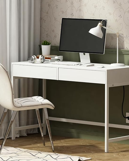 Treocho Computer Desk with USB Charging Ports and Power Outlets, Modern Simple 47 inch White Desk with 2 Drawers, Vanity Desk, Makeup Table for Home Office, Bedroom - LeafyLoom