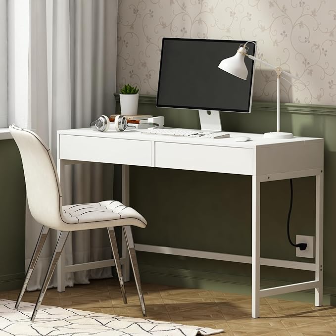 Treocho Computer Desk with USB Charging Ports and Power Outlets, Modern Simple 47 inch White Desk with 2 Drawers, Vanity Desk, Makeup Table for Home Office, Bedroom - LeafyLoom