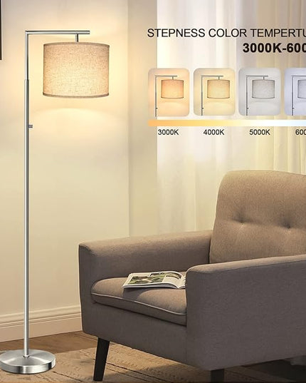 Dimmable Floor Lamp, 4-Color Temperature Modern Standing Lamp with Remote Control & Beige Shade, Tall Pole Floor Lamp for Living Room, Bedroom, Study Room, Office (LED Bulb Included) -Silver - LeafyLoom