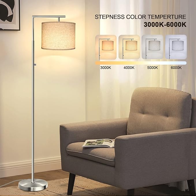 Dimmable Floor Lamp, 4-Color Temperature Modern Standing Lamp with Remote Control & Beige Shade, Tall Pole Floor Lamp for Living Room, Bedroom, Study Room, Office (LED Bulb Included) -Silver - LeafyLoom