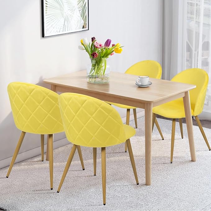 FurnitureR Upholstered Velvet Dining Chair Mid Back Armless with Wood Legs for Home Kitchen Bedroom Living Room, Set of 1, Yellow - LeafyLoom