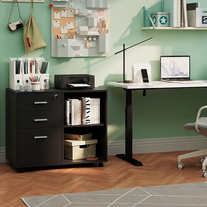 Maxtown Wood Filing Cabinet, Mobile Lateral Filing Cabinet with Lock, 3 Drawer Filing Cabinet with Open Storage Shelves, Printer Stand with Storage, Oak Grain - LeafyLoom