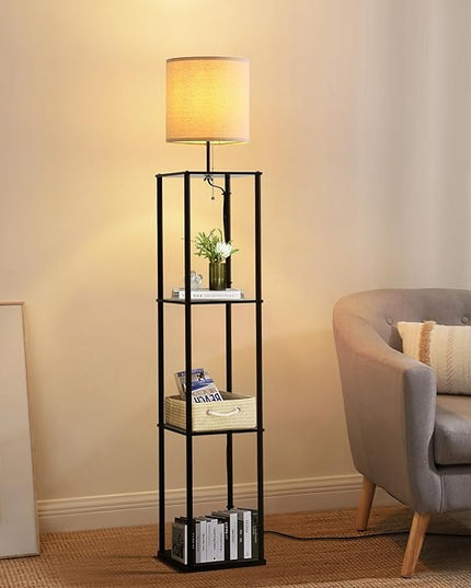 Moooni Modern Floor Lamp with Shelves Black Shelf Floor Lamp with White Linen Shape Corner Storage Floor Lamp for Living Room Bedroom Office - LeafyLoom