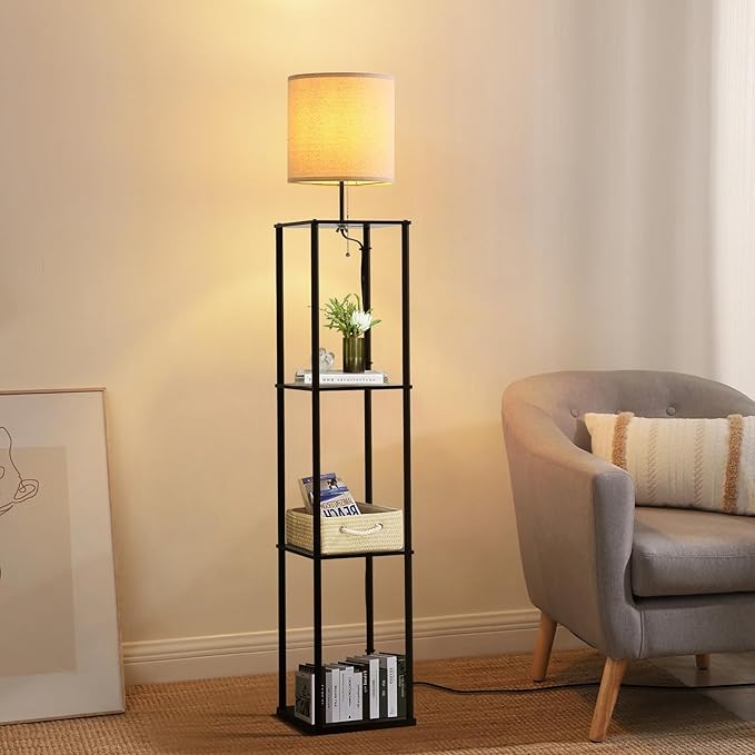 Moooni Modern Floor Lamp with Shelves Black Shelf Floor Lamp with White Linen Shape Corner Storage Floor Lamp for Living Room Bedroom Office - LeafyLoom