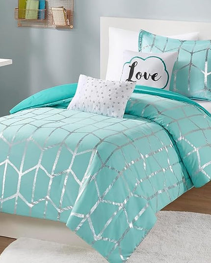 Intelligent Design Raina Twin / Twin XL Comforter Set, Soft Microfiber Comforter Set Twin, Modern Geometric Metallic Bed Set, 4 Pieces College Bedding Comforter Set with 1 Sham, 2 Toss Pillows Aqua - LeafyLoom