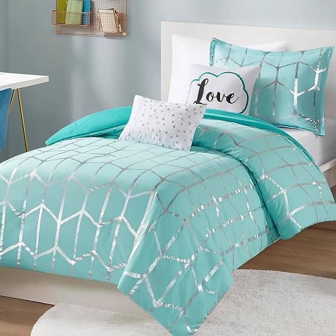 Intelligent Design Raina Twin / Twin XL Comforter Set, Soft Microfiber Comforter Set Twin, Modern Geometric Metallic Bed Set, 4 Pieces College Bedding Comforter Set with 1 Sham, 2 Toss Pillows Aqua - LeafyLoom