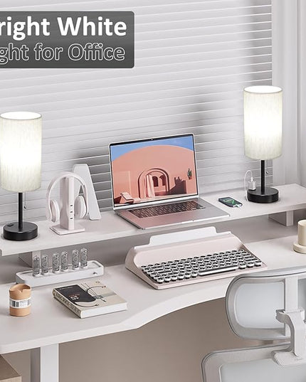 Plus Bedside Table Lamps Set of 2 - 3 Color Temperatures Pull Chain Lamp with AC Outlet Charging Port, Two Round Night Stand Lamps for Bedroom Guest Room Office, Bed Side Light with E26 LED Bulbs - LeafyLoom