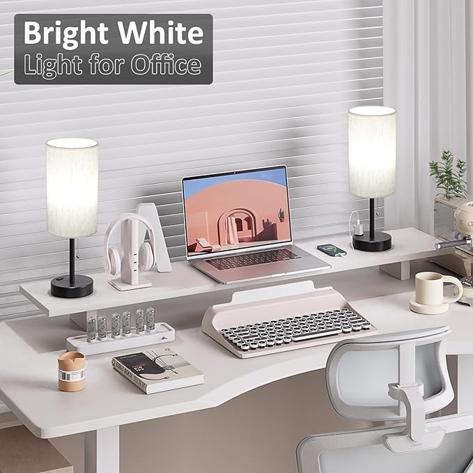 Plus Bedside Table Lamps Set of 2 - 3 Color Temperatures Pull Chain Lamp with AC Outlet Charging Port, Two Round Night Stand Lamps for Bedroom Guest Room Office, Bed Side Light with E26 LED Bulbs - LeafyLoom