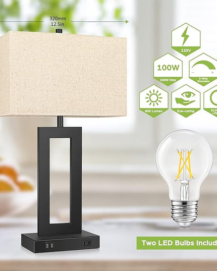 Set of 2 Touch Control Table Lamp with 2 USB Ports, 3-Way Dimmable Modern Nightstand Lamp Sets Bedside Touch Desk Lamp with Fabric Cream Shade For Bedroom Table Living Room Reading, Included Bulbs - LeafyLoom