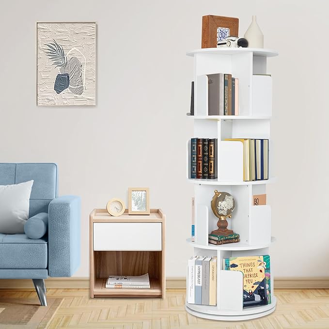Rotating Bookshelf,Wood Corner Bookshelf 4 Tier 360 Display Spinning Bookshelf Floor Standing Bookcase Stackable Bookshelf Storage Rack Organizer for Small Space Bedroom Living Room Study Room - LeafyLoom