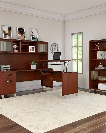 Bush Furniture Somerset 72W 3 Position Sit to Stand L Shaped Desk with Hutch in Mocha Cherry - LeafyLoom
