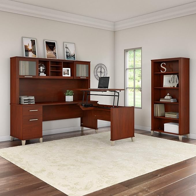Bush Furniture Somerset 72W 3 Position Sit to Stand L Shaped Desk with Hutch in Mocha Cherry - LeafyLoom