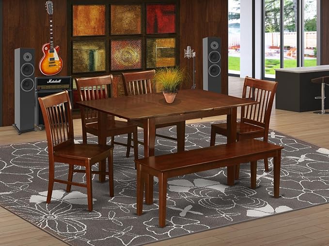 East West Furniture NOFK6C-MAH-W 6 Piece Dining Room Furniture Set Contains a Rectangle Kitchen Table with Butterfly Leaf and 4 Dining Chairs with a Bench, 32x54 Inch, Mahogany - LeafyLoom