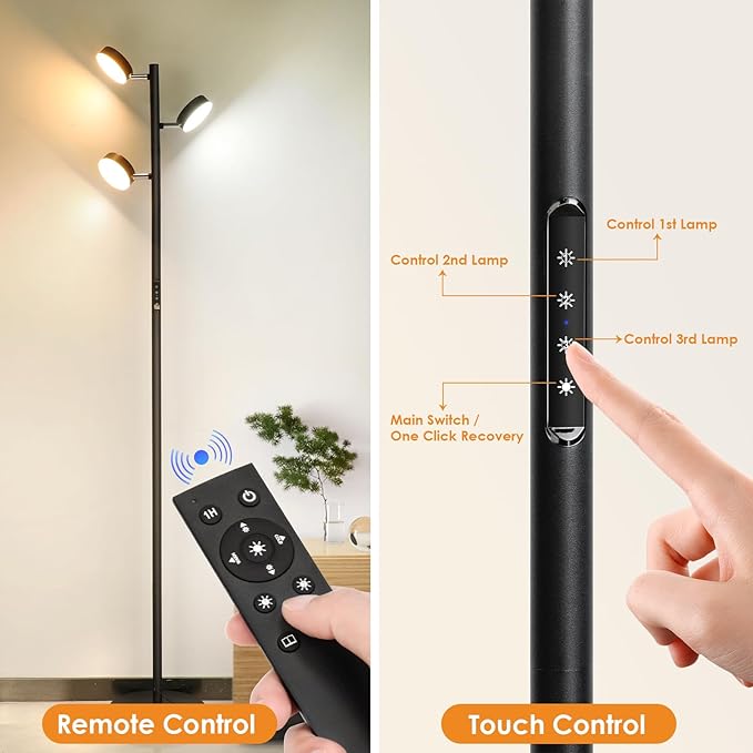 LED Tree Floor Lamp, 30W Dimmable Tall Standing Lamp with Remote & Touch Control, 3000K-6000K 4 Color Temperatures, 3 Rotatable Lights Floor Lamps for Living Room, Bedroom, Office - LeafyLoom