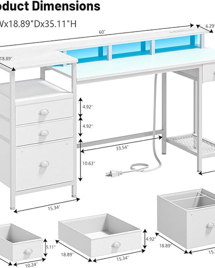 Furologee White Computer Desk with Drawers, 60" Office Long Desk with Fabric File Cabinet and Power Outlets, Gaming Desk with LED Lights, Study Writing Work Desk for Home Office, White - LeafyLoom