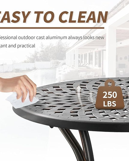 Cast Aluminum Patio Dining Set, Outdoor Bistro Set, 31.5"" Round Patio Table with Umbrella Hole, 2 Patio Chairs for Yard Porch Garden Balcony, Bronze 4 - LeafyLoom