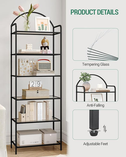 Bookcase Bookshelf, Tempered Glass Bookshelves, Slim Shelving Unit for Bedroom, Bathroom, Home Office, Steel Frame, 6 Tier Black BC21699B - LeafyLoom