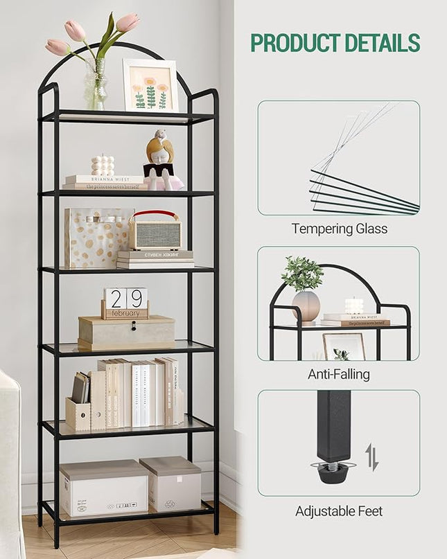 Bookcase Bookshelf, Tempered Glass Bookshelves, Slim Shelving Unit for Bedroom, Bathroom, Home Office, Steel Frame, 6 Tier Black BC21699B - LeafyLoom