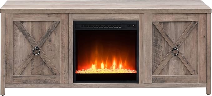 Henn&Hart Rectangular TV Stand with Crystal Fireplace for TV's up to 65" in Gray Oak, TV Stands for the Living Room - LeafyLoom