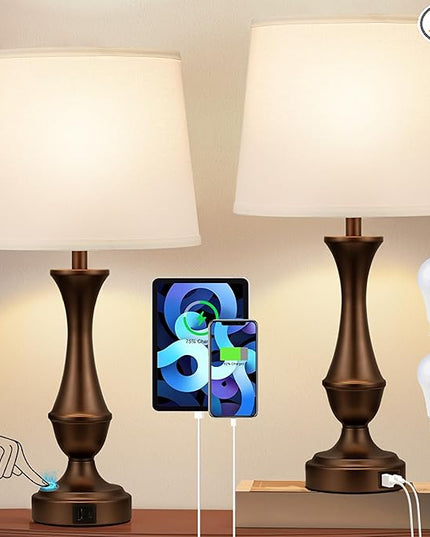 Touch Lamps for Bedrooms Set of 2 - Nightstand Table Lamp with USB C+A, 3 Way Dimmable Bedside Lamps for Living Room End Tables Set of 2, Farmhouse Night Stand Lamps(White&Brown) - LeafyLoom