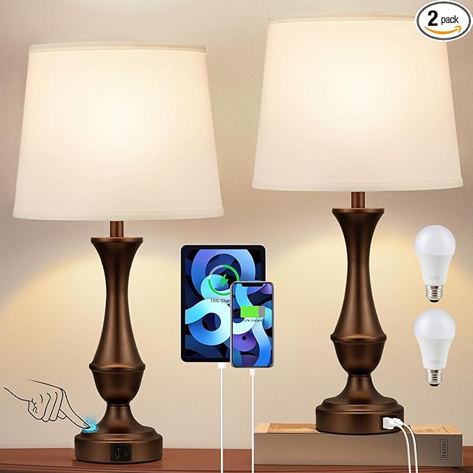 Touch Lamps for Bedrooms Set of 2 - Nightstand Table Lamp with USB C+A, 3 Way Dimmable Bedside Lamps for Living Room End Tables Set of 2, Farmhouse Night Stand Lamps(White&Brown) - LeafyLoom