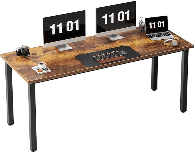 Need 63 Inch Large Computer Desk - Modern Simple Style Home Office Gaming Desk, Basic Writing Table for Study Student, Black Metal Frame, Rustic Brown - LeafyLoom