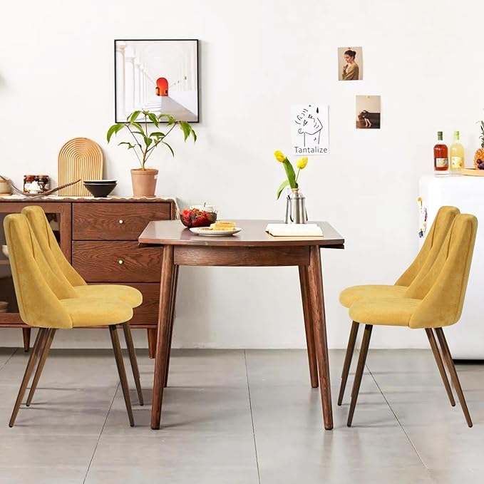 FurnitureR Dining Chairs Set of 2 Modern Fabric Upholstered Side Chairs Accent Chair Lving Room Chair with Soft Seat/Metal Legs for Home Kitchen Restaurant, Yellow - LeafyLoom