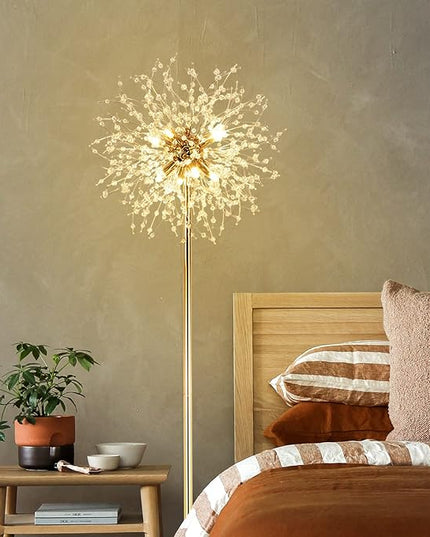 69 inch Crystal Floor Lamp, Modern Standing Lamp with K9 Crystal, LED Floor Lamp with On/Off Foot Switch, Metal Tall Pole Lamp for Living Room, Girls Room, Bedroom, Dresser, Office, Gold Finish - LeafyLoom