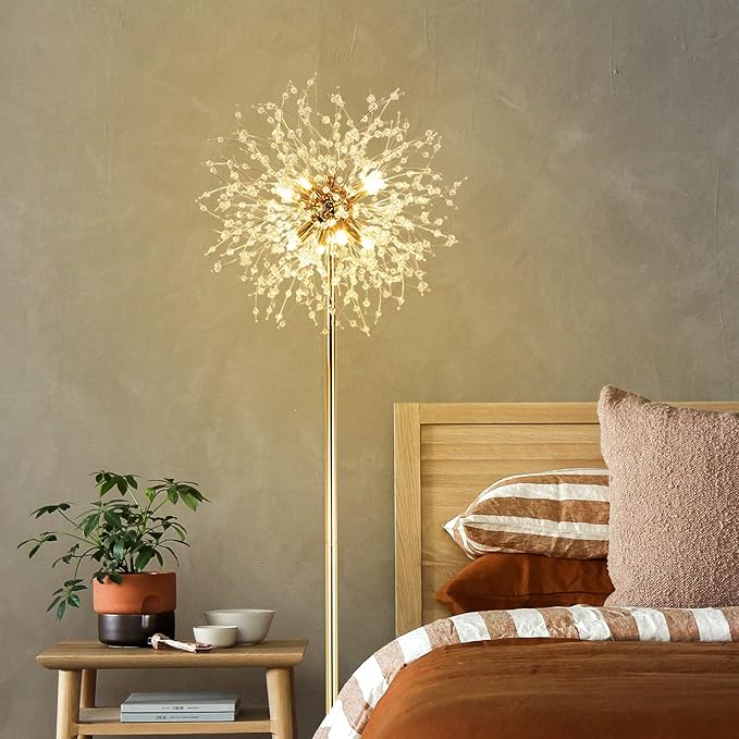 69 inch Crystal Floor Lamp, Modern Standing Lamp with K9 Crystal, LED Floor Lamp with On/Off Foot Switch, Metal Tall Pole Lamp for Living Room, Girls Room, Bedroom, Dresser, Office, Gold Finish - LeafyLoom