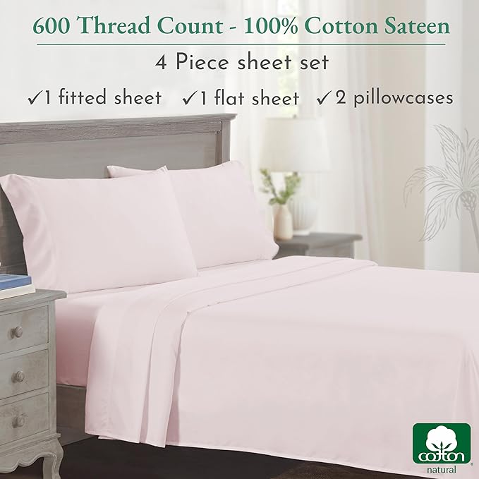 CALIFORNIA DESIGN DEN 5-Star Hotel 600 Thread Count 100% Cotton Sheets Set, Soft & Smooth Queen Sheet Set with Deep Pockets, Quality Beats Egyptian Cotton Claims (Blush Pink) - LeafyLoom