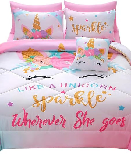 JQinHome Unicorn Queen Bedding Sets for Girls Kids,8 Piece Bed in A Bag 3D Colorful Flower Girl Unicorn Comforter Set with Sheet Set(Sparkle) - LeafyLoom