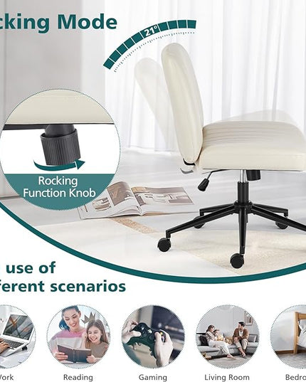 OLIXIS Cross Legged Armless Wide Adjustable Swivel Padded Home Office Desk Chair, Cream with Wheels - LeafyLoom