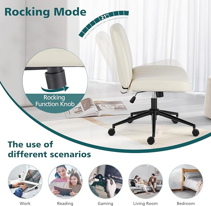 OLIXIS Cross Legged Armless Wide Adjustable Swivel Padded Home Office Desk Chair, Cream with Wheels - LeafyLoom