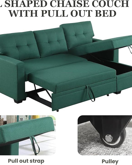 L Shape Sleeper Sofa Bed with Storage, Large Full Size Pull Out Sectional Couch, Futon Chaise Lounge Recliner for Living Room, Apartment, Bedroom, Office, Green - LeafyLoom