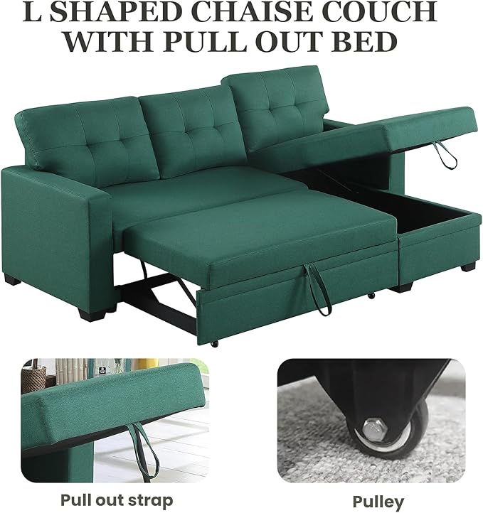 L Shape Sleeper Sofa Bed with Storage, Large Full Size Pull Out Sectional Couch, Futon Chaise Lounge Recliner for Living Room, Apartment, Bedroom, Office, Green - LeafyLoom