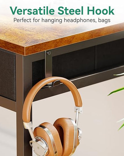 AODK 48 Inch Computer Desk with 3 Fabric Drawers, Office Desk with USB/Type-C Charging Ports & Power Outlets, Vanity Desk with Iron Hook for Bedroom, Study/Writing/Work Table for Bedroom,Vintage - LeafyLoom