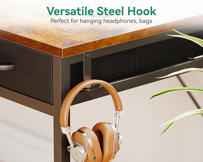 AODK 54 Inch Computer Desk with 3 Fabric Drawers, Office Desk with USB/Type-C Charging Ports & Power Outlets, Vanity Desk with Iron Hook for Bedroom, Study/Writing/Work Table for Bedroom, Vintage - LeafyLoom