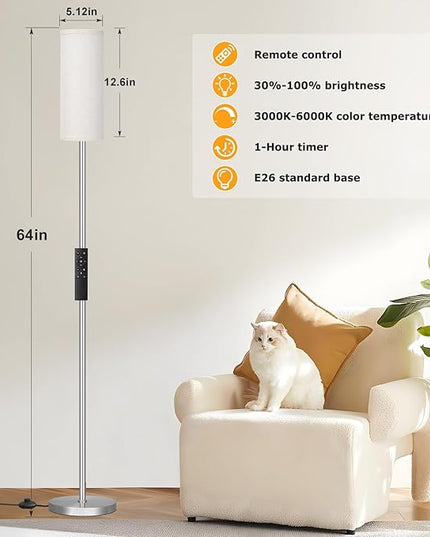 Ambimall 64'' Floor Lamps for Living Room with Remote Control and Stepless Dimmable Colors Temperature & Brightness, 9W Bulb Included(Beige Lampshade & Silver Pole) - LeafyLoom