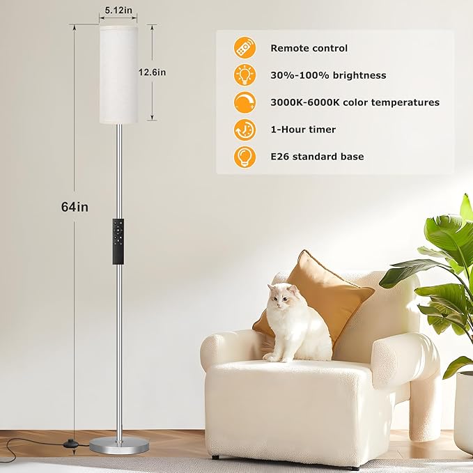 Ambimall 64'' Floor Lamps for Living Room with Remote Control and Stepless Dimmable Colors Temperature & Brightness, 9W Bulb Included(Beige Lampshade & Silver Pole) - LeafyLoom