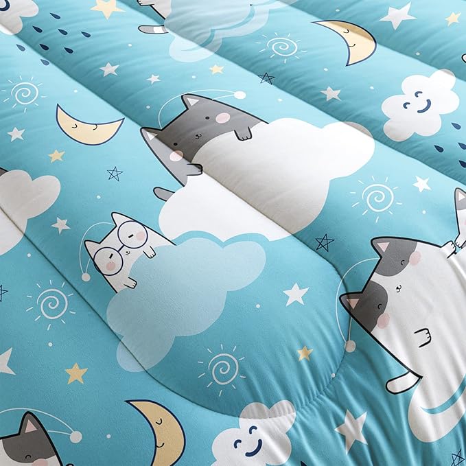 Cat Comforter Queen Size,Blue Cloud Cats Comforter Set for Kids Teens Girls Boys,3Pcs Bedding Set Printed Comforter with 2 Pillowcases,Down Alternative,Soft and Lightweight，Queen Size - LeafyLoom