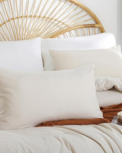 Beige Comforter Queen Size 3PCS Bed Comforter with 2 Pillowcases - Ligtweight Soft Solid All Season Queen Comforter Bed Set - Boho Aesthetic Bedding Set for Men and Women - LeafyLoom