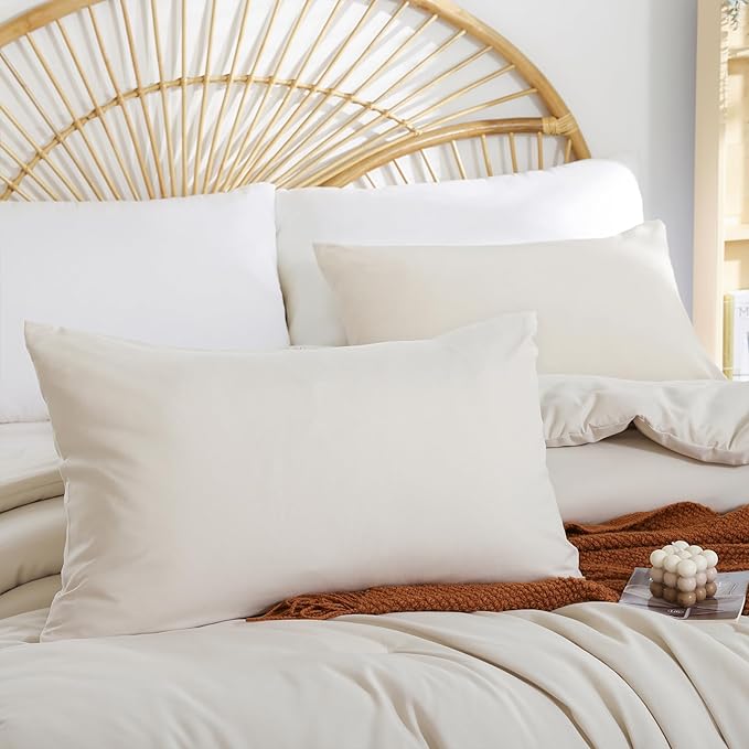 Beige Comforter Set King Size - 3 Pieces Lightweight Solid Bedding Comforter Set - All Season Fluffy Microfiber Bed Set (1 Comforter, 2 Pillowcases) - LeafyLoom
