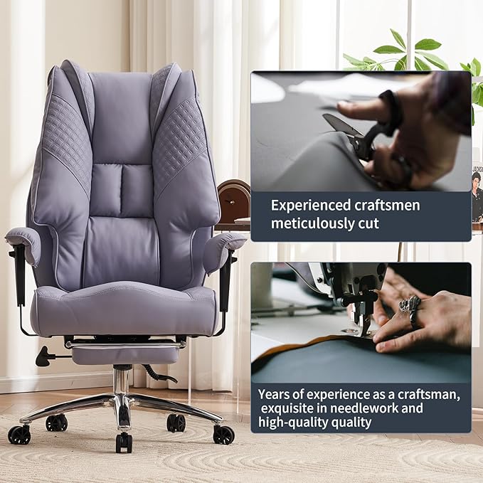 Big and Tall Office Chair 400lbs Wide Seat, Leather High Back Executive Office Chair with Foot Rest, Ergonomic Office Chair Lumbar Support for Lower Back Pain Relief (Light Purple) - LeafyLoom