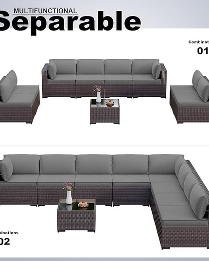 Kullavik 9PCS Outdoor Patio Furniture Set PE Wicker Rattan Sectional Sofa Patio Conversation Sets,Grey - LeafyLoom
